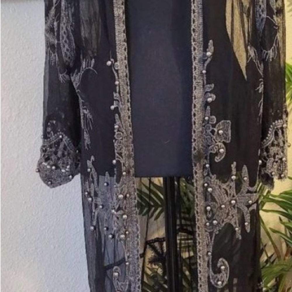 Black Sheer Embellished Robe with Silver Trim